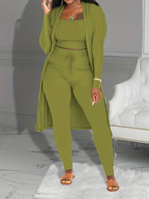 Women Casual Three-piece Ribbed Solid Open Front Long Sleeve Cardigan Tank Top Lace Up Pants