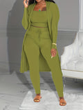 Women Casual Three-piece Ribbed Solid Open Front Long Sleeve Cardigan Tank Top Lace Up Pants