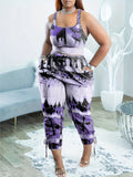 Women Plus Size Casual Tie Dye V Neck Crop Tank Top & Drawstring Pants Pockets Two Piece Set