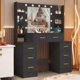 Black Makeup Table Vanity Desk Set with LED Lights Mirror & Drawer Dressing Desk