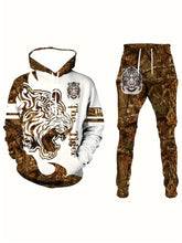 Men Casual Hooded Sweatshirt and Pants Set Tiger Print, Long Sleeve Pullover Hoodie Pockets & Drawstring Joggers