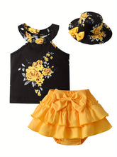 Summer Baby Girl Skirt Sets Infant Toddler Floral Hanging Neck Top and Cake PP Shorts with Hat, Perfect for Outdoor