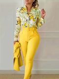 Women two-piece Floral Print V Neck Long Sleeve Blouse & Solid Belted Tapered Pants Outfit