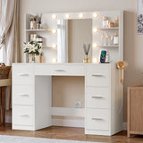 GUNJI Contemporary 7-Drawer Makeup Vanity with Adjustable Lighting & Power Outlet - White Wooden Dresser, 27" Height, 3.2 Cu Ft Storage, Built-in Shelves & Mirror for Bedroom, Bathroom, or Dressing Room, Vanity Accessories, M