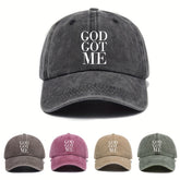 Urban Style Polyester Adjustable Baseball Cap with Sun Protection - Woven Vintage Wash "GOD GOT ME" Unisex Hat for All Seasons