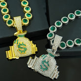 Luxury Hip Hop-Inspired Green Money Bag Pendant Necklace with Rhinestones - KC Golden Plated Zinc Alloy, Perfect for Daily & Party Occasions, Everyday Jewelry|Hip Hop Jewelry|Detailed Craftsmanship