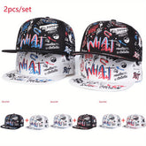 2pcs Women'S Polyester Graffiti Hip Hop Snapback Caps, Lightweight, All-Season Woven Turning Hats, Adjustable Outdoor Leisure Sun Protection Headwear, with Hand Wash Only for Travel & Beach