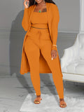 Women Casual Three-piece Ribbed Solid Open Front Long Sleeve Cardigan Tank Top Lace Up Pants