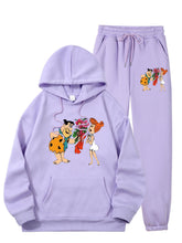 Women Cartoon Character Printed Warm Long Sleeve Hoodie Kangaroo Pocket Sweatpants Set