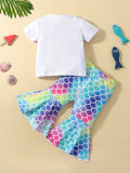 Girls Round Neck Short Sleeve Letter Print shirt Colorful Fish Scale Print Bell Bottom Pants Set