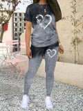 Women Casual Heart Print Two-piece Crew Neck Short Sleeve T-shirt & Skinny Legging