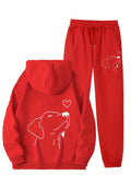 Women's Autumn and Winter Fleece-Lined Hoodie Set with Dog Print, Fashion Long Sleeve Sweatshirt Outfit