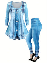 Women Casual Imitation Denim Print Two-piece, Short Sleeve Crew Neck T-shirt & Leggings