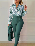 Women two-piece Floral Print V Neck Long Sleeve Blouse & Solid Belted Tapered Pants Outfit