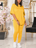 Women Solid Casual Crew Neck Short Sleeve T-shirt & Pants Two-piece Set
