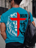 1pc Men'S Plus Size Christian T-Shirt, Faith Man Religious Lion Graphic Tee, Inspirational Religious Apparel, Casual Sports Crew Neck Top, 95% Polyester 5% Spandex Knit Fabric with Slight Stretch