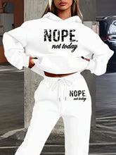 Women Casual Polyester Two-Piece"NOPE Not Today" Letter Print, Hooded Sweatshirt with Pockets & Drawstring Joggers
