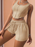 Women Solid Casual Crew Neck Corset Tank Top & Drawstring Elastic Waist Shorts Two-piece Set