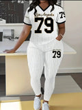 Casual Striped Baseball Element V-Neck Short Sleeve Top with Long Pants Set