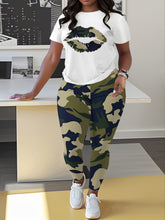 Vintage Camouflage Lip Print Casual Black Round Neck Fitted Short Sleeve T-Shirt and Camo Print Slim Fit Pants Set