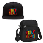 2pcs Graffiti Letter Print Hip-Hop Bucket Hat & Shoulder Bag - Unisex Two-Piece Sports Suit with Bold "BUILT DIFFERENT" Design, Black & Colorful Lettering, Adjustable Strap, Durable Fabric for Casual Streetwear, Casual Headwe