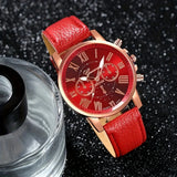 3pcs Elegant Red Round Quartz Watch - Women's Watch with Strap, Alloy Hands, Golden Case And Wallet Glasses Gift