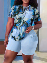 Women Plus Size Casual Tie Dye Short Sleeve Round Neck Flap Pockets Biker Shorts Two Piece Set