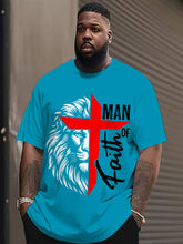 1pc Men'S Plus Size Christian T-Shirt, Faith Man Religious Lion Graphic Tee, Inspirational Religious Apparel, Casual Sports Crew Neck Top, 95% Polyester 5% Spandex Knit Fabric with Slight Stretch