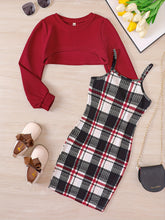 Girl's 2pcs,Casual Plaid Pattern Sundress & Crop Sweatshirt Outfit Set