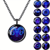 Fashion Men'S Zodiac Necklace- Glowing Blue Glass Pendant with Black Alloy Chain, Stylish Constellation Jewelry Gift