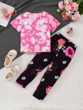 Girls Casual Two-Piece Portrait Print T-Shirt + Sunflower Print Pants Set