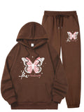 Women Casual Long Sleeve Hoodie with Pocket and Joggers, Butterfly Print Polyester Set