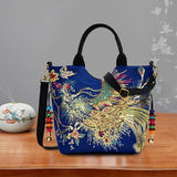 Women Embroidered Satchel Double Handle Removable Strap Handbag