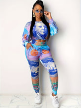 Women Leisure Fashion USD Positioning Printed Long Sleeved Long Pants Two-piece Set