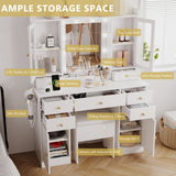 Vanity Desk Set with Mirror and Lights, White Vanity Table with Stool & 7 Drawers and Glass Cabinets, Makeup Table with 3 Lights Mode for Bedroom