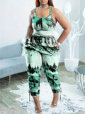 Women Plus Size Casual Tie Dye V Neck Crop Tank Top & Drawstring Pants Pockets Two Piece Set
