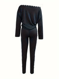 Women Beaded Cold Shoulder Long Sleeve Top & Drawstring Pants two piece set