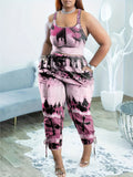 Women Plus Size Casual Tie Dye V Neck Crop Tank Top & Drawstring Pants Pockets Two Piece Set
