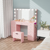 46" Makeup Vanity Desk with Power Outlet, 11 Storage Drawers & Soft Stool, 14-Bulbs Lighted Mirror, 3-Color Modes, Vanity Set for Bedroom