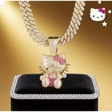 1pc of Officially Super Cute Sanrio for hello kitty Collaboration Cartoon Necklace, The Hip-Hop Cuban Chain Design Is Trendy And Eye-Catching, The Golden Metal Chain Body Is Paired with Dazzling Decorations, And The 3D Water
