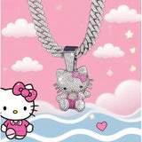 1pc of Officially Super Cute Sanrio for hello kitty Collaboration Cartoon Necklace, The Hip-Hop Cuban Chain Design Is Trendy And Eye-Catching, The Golden Metal Chain Body Is Paired with Dazzling Decorations, And The 3D Water