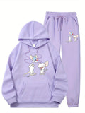 Women Casual White Mice Long Sleeve Hooded Multi-Functional Sweatshirt Set