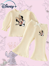 Girls Cute Mickey Mouse Cartoon Leopard Print Round Neck Bubble Sleeve T-Shirt with Bow Elastic Waist Pants Set