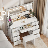 43" Makeup Vanity Desk Set With Prower Outlet, LED Lighted Mirror, Stool, 9 Drawers