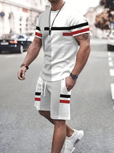 Men Casual Color Block Pattern Print Crew Neck Short Sleeve T-shirt Drawstring Short Set