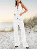 Women Denim Set Suits Button Backless Halter Neck TankTop Wide Leg Jeans