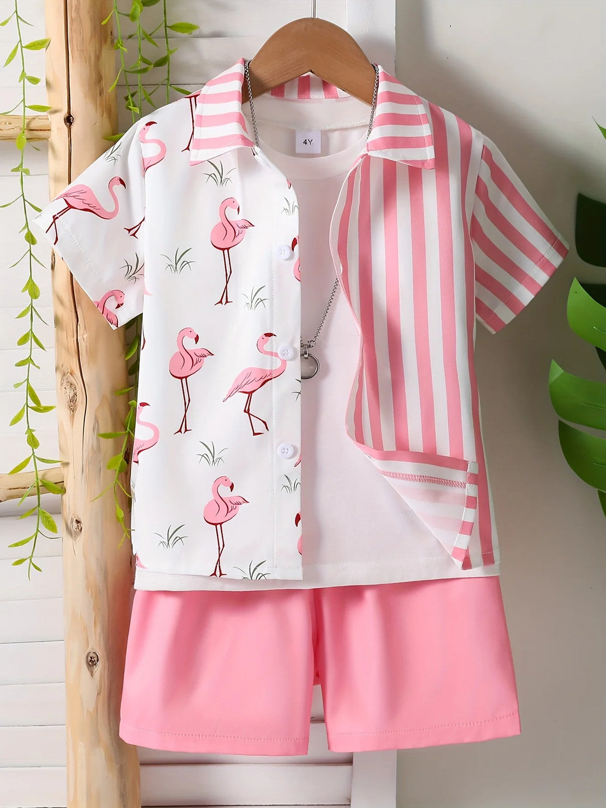 1 set (2pcs) - Youngsters'S Flamingo Print Short Sleeve Shirt and Shorts Set -
