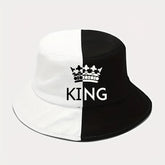 1pc "King" & "Queen" Crown Design Two-Tone Bucket Hat, Breathable Polyester,