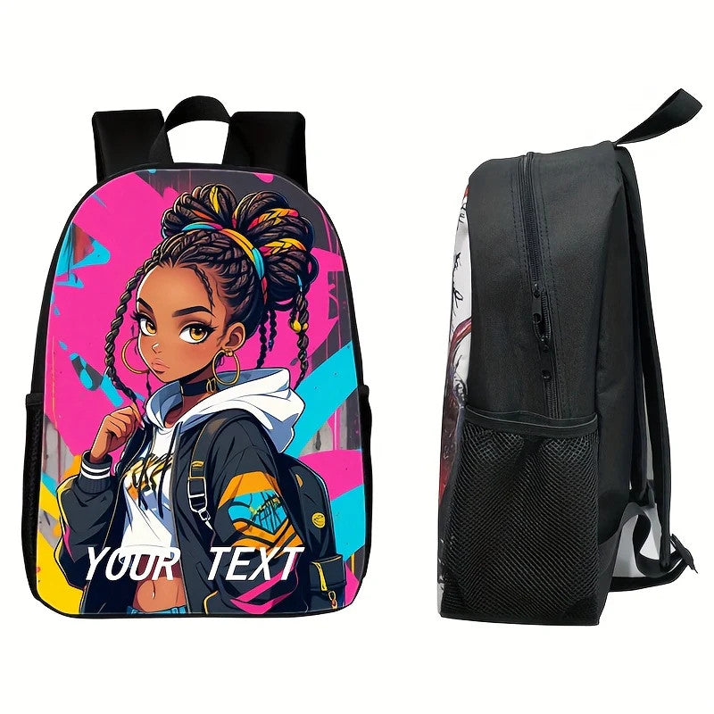Afro Girl Cool Graffiti Backpack Cute Print Double Shoulder Bag Add Your Name