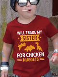Boys Casual Crew Neck T-Shirt - Cartoon Chicken Nugget Dinosaur Print